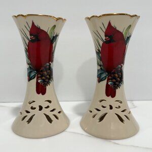 VTG Set of 2 Lenox Winter Greetings Pierced Candlesticks Gold Trim Cardinal 6"